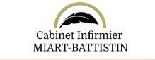 Logo avec texte "Cabinet Infirmier MIART-BATTISTIN" et plume noire sous un arc doré.