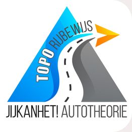 Driehoek met weg en tekst: "Topo Rijbewijs, Jijkanhet! Autotheorie".