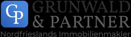 Logo von Grunwald & Partner, Nordfrieslands Immobilienmakler, mit blauer CP-Grafik.