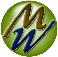 Logo con una "M" marrone e una "W" blu su sfondo verde.