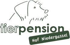 Logo mit gezeichnetem Hund, Text: "Tierpension Hof Niedergassel".