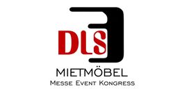 Logo mit rotem "DLS" und schwarzem Stuhl-Symbol darüber. Text: "MIETMÖBEL Messe Event Kongress".