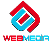 Rotes und blaues WebMedia-Logo mit stilisiertem Buchstaben "W".