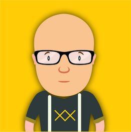 Caricatura de hombre calvo con gafas, fondo amarillo, vistiendo camiseta negra con tirantes.