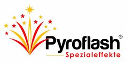 Logo mit rotem und gelbem Feuerwerk und schwarzem Text: "Pyroflash Spezialeffekte".