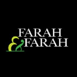 Logo of "Farah & Farah" with a yellow and green ampersand on a black background.
