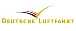 Logo „Deutsche Luftfahrt“ mit stilisiertem Flügel in Schwarz-Rot-Gold.