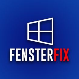 Logo einer Firma, „FensterFix“: stilisiertes Fenster, weißer Schriftzug auf blauem Hintergrund.