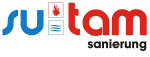 Logo von "sutam sanierung" in blau und rot mit Flammen- und Wasser-Symbolen.