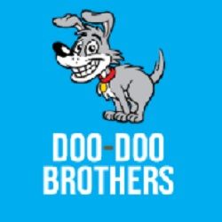 Cartoon dog smiling above the text "DOO-DOO BROTHERS" on a blue background.