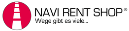 Logo von "NAVI RENT SHOP" mit rotem Kreis und weißem Pfad, Text: "Wege gibt es viele...".