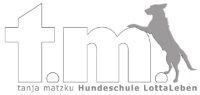 Logo mit Buchstaben „t.m.“ und einem aufgerichteten Hund daneben. Text: Tanja Matzku Hundeschule.
