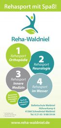 Flyer für Reha-Waldniel mit Angeboten in Orthopädie, Neurologie, Innere Medizin und Wasser.