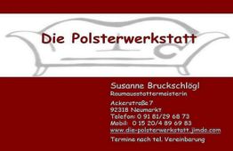 Visitenkarte von "Die Polsterwerkstatt" mit Kontaktdaten von Susanne Bruckschlögl.