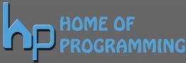 Blue "Home of Programming" text with stylized "hp" on a gray background.