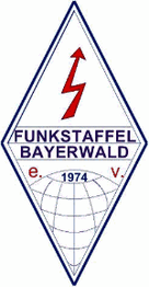 Logo der Funkstaffel Bayerwald mit rotem Blitz, blauer Schrift, Erde und Jahr 1974.