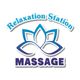 Logo with a blue lotus above the words "Relaxation Station Massage."