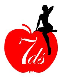 Eine schwarze Silhouette sitzt auf einem großen roten Apfel mit der Aufschrift "7ds".