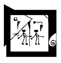 Abstrakte Zeichnung mit zwei Strichmännchen, geometrischen Formen und Spirale in Schwarz-Weiß.