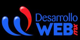 Logo de Desarrollo WEB mx con diseño en azul y rojo sobre un fondo negro.