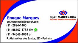 Cartão de visita com contato de marcenaria EQ&F e telefone de Enoque Marques em São Paulo.