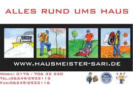 Vier Bilder zeigen Hausmeisterdienste: Schneeräumen, Malen, Rasenmähen, Laubblasen.