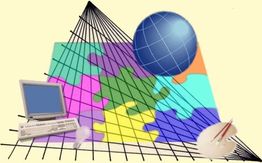 Computergrafik mit Monitor, Glühlampe, Pinsel und Puzzleteilen, darüber eine blaue Kugel.