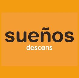 Texto "sueños descans" en fondo naranja.