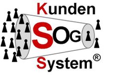 Diagramm eines Trichters mit Figuren, Text: "Kunden Sog System" in Schwarz und Rot.