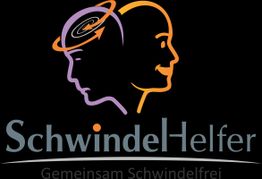 Zwei Profil-Silhouetten, eine mit Wirbel, eine lächelnd. Text: "SchwindelHelfer, Gemeinsam Schwindelfrei".
