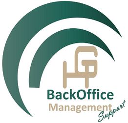 Logo mit Schriftzug "BackOffice Management Support" in Grün und Braun mit geschwungenem Muster.
