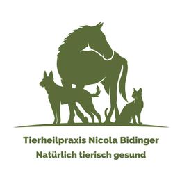 Pferd, Hund und Katze Silhouette mit Text: "Tierheilpraxis Nicola Bidinger - Natürlich tierisch gesund".