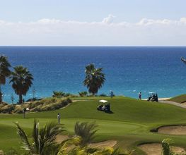 Campo de golf junto al mar con palmeras y carritos en un día soleado.