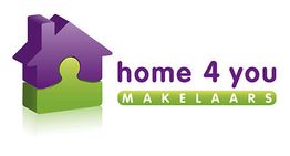 Logo van home 4 you makelaars met paarse en groene kleuren, en een huisicoon.