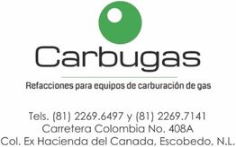 Logo de Carbugas con dirección y teléfonos en Escobedo, N.L. Distribuyen refacciones de gas.