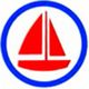 Blau umrandetes Symbol mit einem roten Segelboot auf weißem Hintergrund.