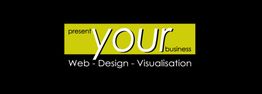 Schwarzes Logo mit gelbem Block: "Present Your Business, Web - Design - Visualisation".