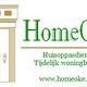 Logo van HomeOké met tekst over huisoppasdiensten en website link: www.homeoke.nl.