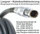 Nahaufnahme eines Kabels mit Stecker. Text mit Kontaktinfo von Langner - Kabelkonfektionierung.