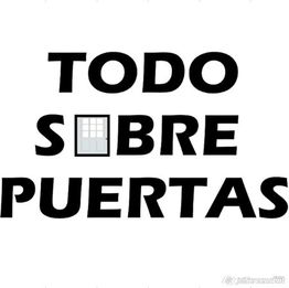 Texto "Todo sobre puertas" con una imagen de puerta en lugar de la letra O.