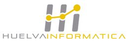 Logo de Huelva Informática: tres barras grises, línea y puntos amarillos. Texto en gris y amarillo.