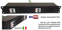PDU nero con 4 prese IEC C19, interruttori di protezione e logo Ideal Power. Made in Italy.