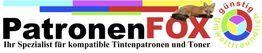 PatronenFOX-Logo mit Fuchs, Buntstreifen und Slogan "Umweltfreundlich und günstig".