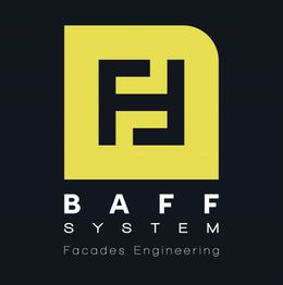 Logo de BAFF SYSTEM en blanco y amarillo sobre fondo oscuro, con texto "Facades Engineering".