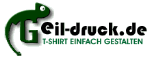 Logo mit grünem Chamäleon und Schriftzug "Geil-druck.de - T-Shirt einfach gestalten".