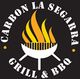 Logotipo de Carbón La Segarra, muestra una parrilla con fuego y texto "Grill & BBQ".