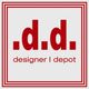 Rotes Logo mit Schriftzug „.d.d. designer | depot“ auf grauem Hintergrund mit rotem Rahmen.