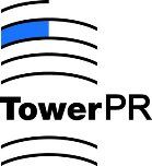 Logo von TowerPR mit schwarzem Text und stilisierten blauen und schwarzen Linien.
