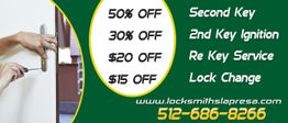 Locksmith services ad with discounts, website, and phone number. Person working on door lock.