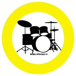Schwarzes Schlagzeug-Symbol in einem gelben Kreis, darunter steht "DRUM SPECIALS".